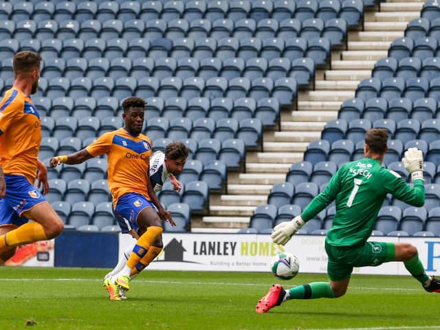 Sean Maguire scores against Mansfield Town in the Carabao Cup at Deepdale