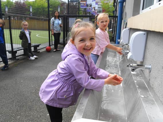 Hand washing is part of the playground routine at Eldon Primary School in Preston where  they have their own outdoor sinks