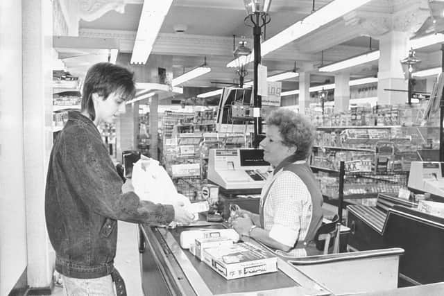 Barbara Lillystone serves Sharon Wilkinson who was the last shopper at the Booths store in Fishergate 1988