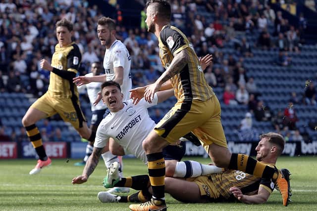 Preston North End's Jordan Hugill is brought down in the penalty area by Sheffield Wednesday's Tom Lees earning himself a penalty scored by Daniel Johnson on the opening day of the 2017-18 season