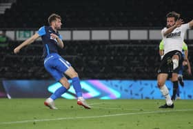 Tom Barkhuizen lets fly with Preston North End's equaliser against Derby at Pride Park