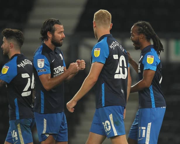 Daniel Johnson celebrates scoring the winner in Preston North End's Carabao Cup second round victory over Derby - they now face Brighton in the third round