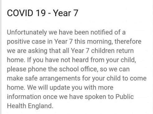 This message was sent to parents of Year 7 children at St Mary's Catholic High School this morning (Friday, September 18)