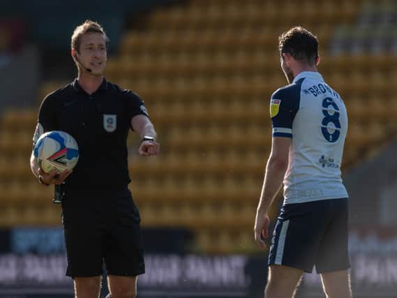 Skipper Alan Browne has a discussion with the referee during PNE's clash against Norwich City