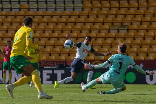 Scott Sinclair's shot in the build-up to Preston North End's second goal against Norwich City at Carrow Road