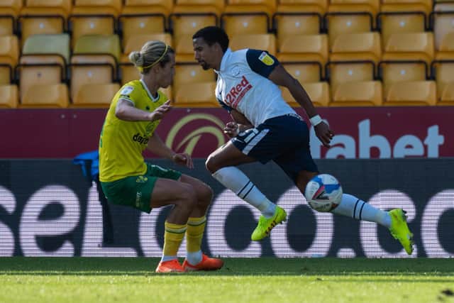PNE winger Scott Sinclair takes on Norwich's Todd Cantwell