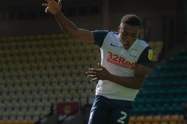 Darnell Fisher jumps for joy after scoring his first Preston goal in the draw at Norwich