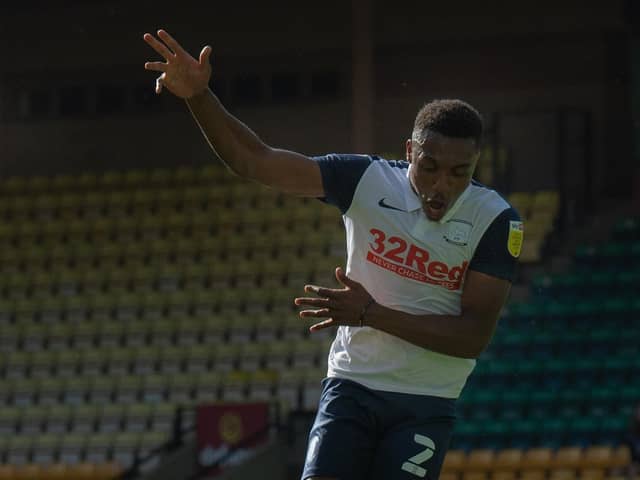 Darnell Fisher jumps for joy after scoring his first Preston goal in the draw at Norwich