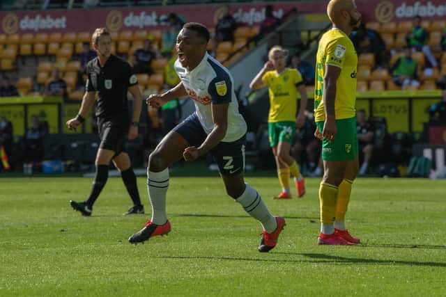 Darnell Fisher celebrates scoring Preston's second goal at Norwich