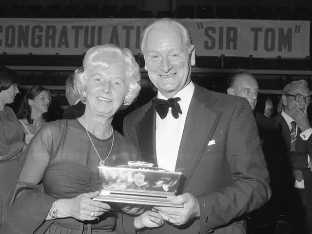 Tom Finney holding his Freedom of the Borough silver casket with his wife Elsie