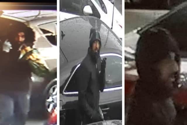 The man pictured on CCTV is wanted by police after car parts worth £10,000 were stolen from vehicles on dealership forecourts in Chorley, Wigan and Bolton