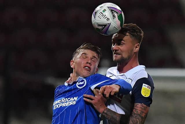 Patrick Bauer battles with Brighton & Hove Albion's Viktor Gyokeres