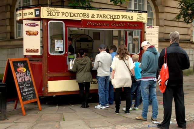 Keith Roberts' famous potato and parched peas stall outside Harris Museum in Flag Market, Preston