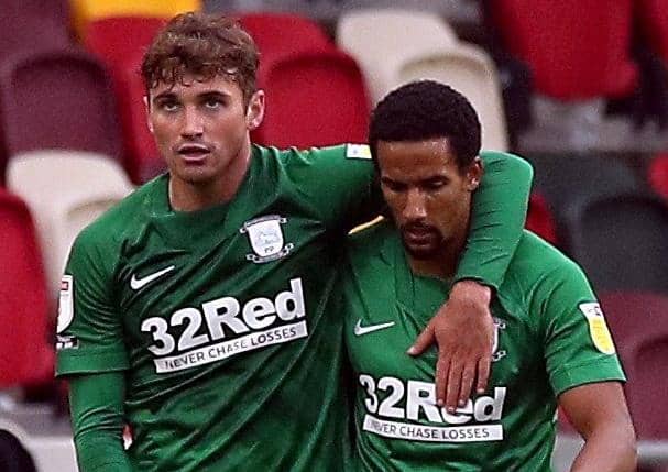 Ryan Ledson congratulates Scott Sinclair during Preston’s win at Brentford on Sunday