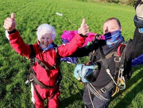 90-year-old Patricia after her 15,000 feet skydive  Photo: Black Knights parachute centre