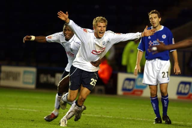 Preston striker Richard Cresswell celebrates his hat-trick against Leicester City in October 2004