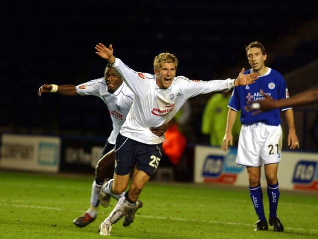 Preston striker Richard Cresswell celebrates his hat-trick against Leicester City in October 2004