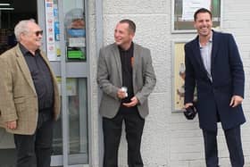 Bobby Ball Sean Ryan and Blackpool South MP Scott Benton at the official opening of the Click2shopitlocal website and delivery service
