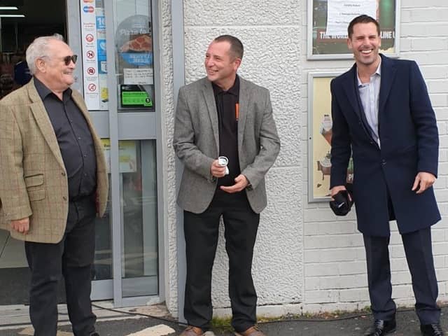 Bobby Ball Sean Ryan and Blackpool South MP Scott Benton at the official opening of the Click2shopitlocal website and delivery service