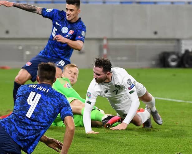 Alan Browne sees an effort hit the post in the Republic of Ireland's clash with Slovakia