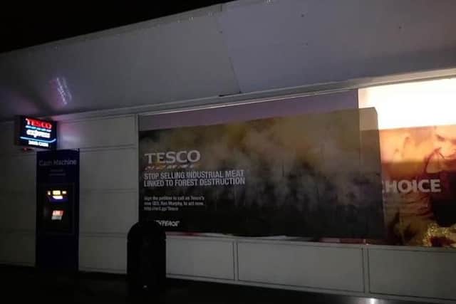 The posters were displayed on the outside of the Tesco Express, Leyland