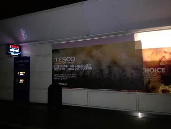 The posters were displayed on the outside of the Tesco Express, Leyland