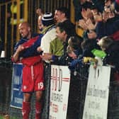 Bjarki Gunnlaugsson celebrates with the Preston North End fans after scoring against Enfield in the FA Cup in November 1999