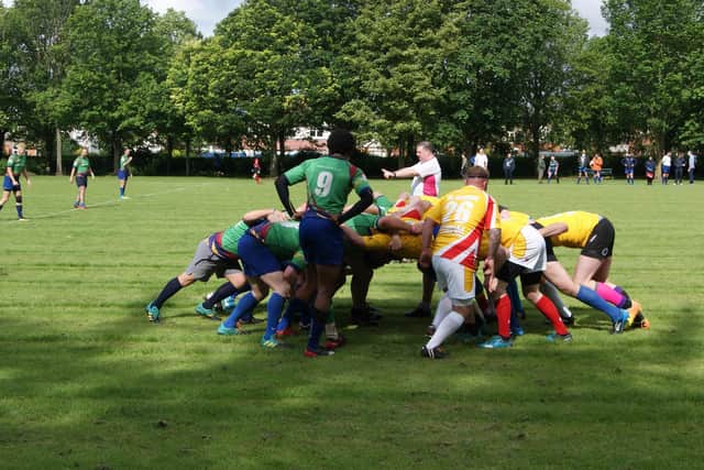 Lawrence Howard in the scrum at the Union Cup 2019 for the North England Barbarians (in yellow) (Credit Lizzy James-Hurst)