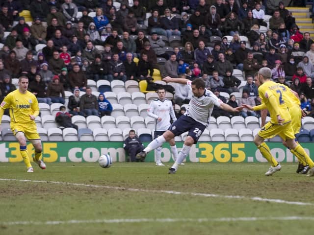 Jon Parkin fires Preston North End's second goal against Cardiff at Deepdale in February 2010