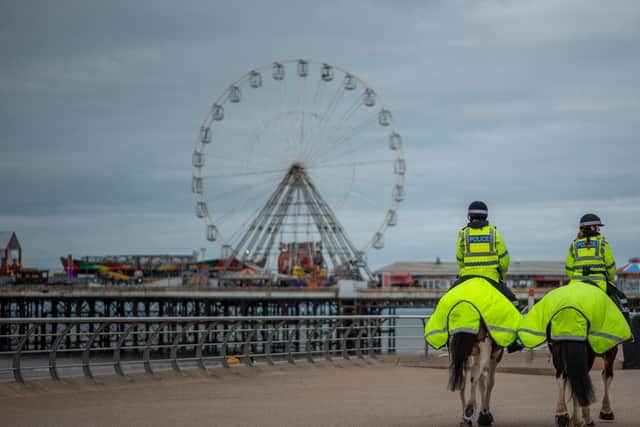 Mounted Police officers patrol the Promenade on October 17, 2020 in Blackpool (Photo by Anthony Devlin/Getty Images)