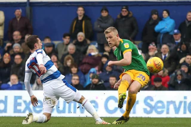 Jayden Stockley scores his first Preston North End goal in the visit to Queens Park Rangers in January 2019