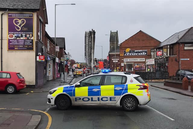 Hough Lane in Leyland has been closed off between the junctions with Dorothy Avenue and Herbert Street after a flat fire above a shop