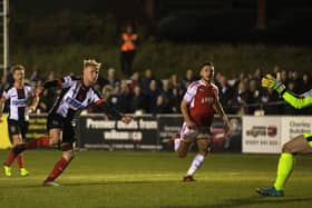 Marcus Carver scores for Chorley against Fleetwood in the first round proper in 2017