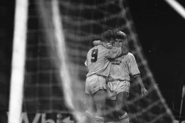 Ian Bogie is congratulated by Warren Joyce after scoring Preston's second goal at Huddersfield in April 1990