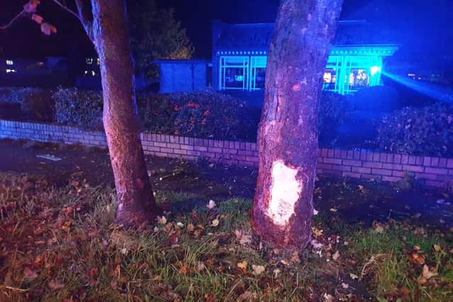 Police say a 20-year-old man and his passenger are "lucky to be alive" after crashing into a tree outside Toby Carvery in Westgate, Morecambe shortly before midnight on Friday (October 23). Pic: Lancashire Police