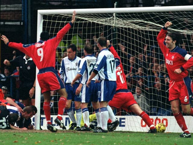 Preston North End celebrate scoring against Bury at Gigg Lane in November 1999