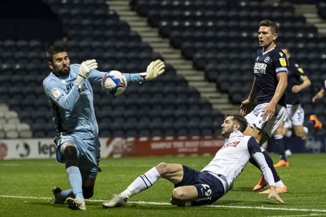 Preston North End  substitute Tom Barkhuizen sees his shot saved by Millwall kedeper Bartosz Bialkowski