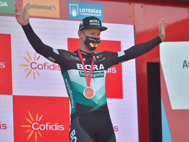 Bora-Hansgrohe's German rider Pascal Ackermann poses on the podium after winning the ninth stage of the 2020 La Vuelta cycling tour of Spain