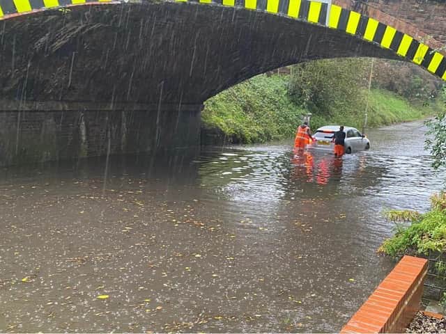 Samantha Jerram's car stuck in flooding under the bridge in Croston Road in Lostock Hall.