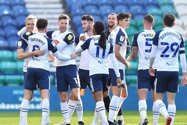 Jayden Stockley takes the congratulations of his PNE team-mates