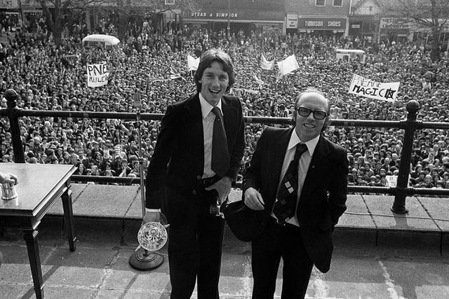 1978 Manager Nobby Stiles and player Mike Elwiss on Harris Museum balcony at the Civic Reception given to PNE in recognition of their promotion