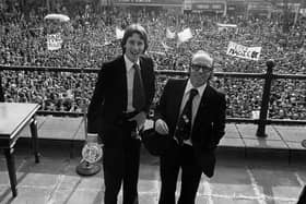 Nobby Stiles with Preston North End striker Mike Elwiss on the steps of the Harris Museum as they celebrated promotion with thousands of fans in May 1978