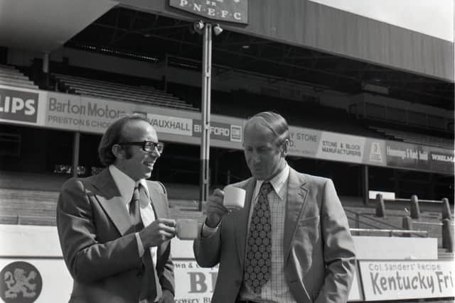 Nobby Stiles and Bobby Charlton have a brew and a chat on the Deepdale pitch