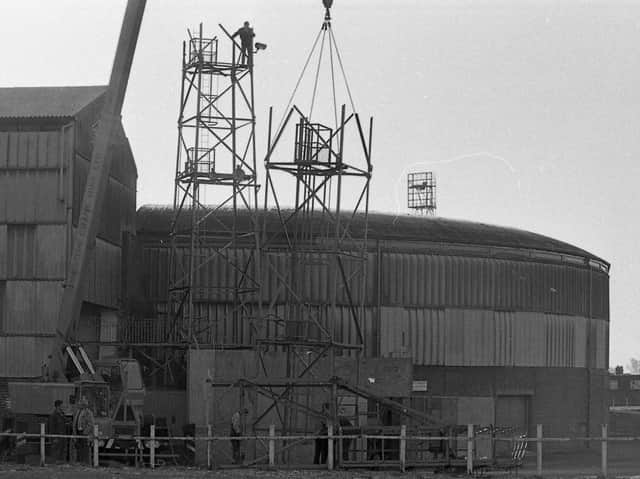 The floodlights being dismantled at Preston North End in November 1985 - another sign of the trouble the club find themselves in