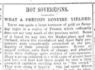 Lancashire Evening Post report of the sovereigns found in the bonfire
