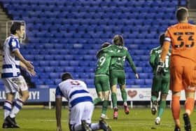 Brad Potts (centre) celebrates scoring PNE's third goal