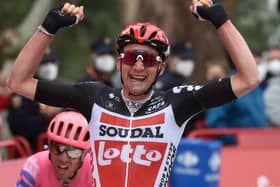 Team Lotto rider Belgium’s Tim Wellens celebrates as he crosses the finish line of the 14th stage of the 2020 La Vuelta a Espana (Getty Images)