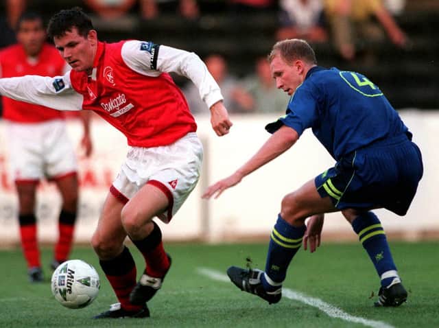 Colin Murdock tracks his man in PNE's win at Rotherham in 1997