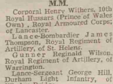 The announcement published in the London Gazette on 22 September 22 1942 of Corporal Henry Withers being awarded the Military Medal.