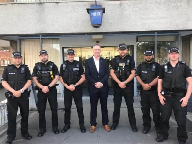 Commissioner Clive Grunshaw with task force officers in Chorley.